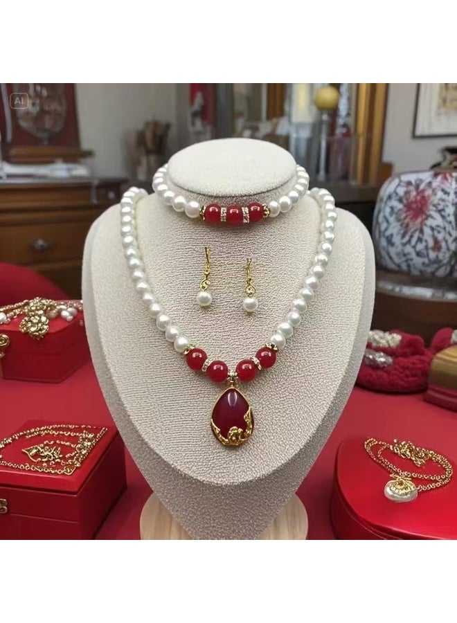 Akali Luxury Pearl Jewelry Set for Women – Red Stone Pendant Necklace, Matching Bracelet & Earrings | Elegant Wedding Gift Jewelry - Image 1